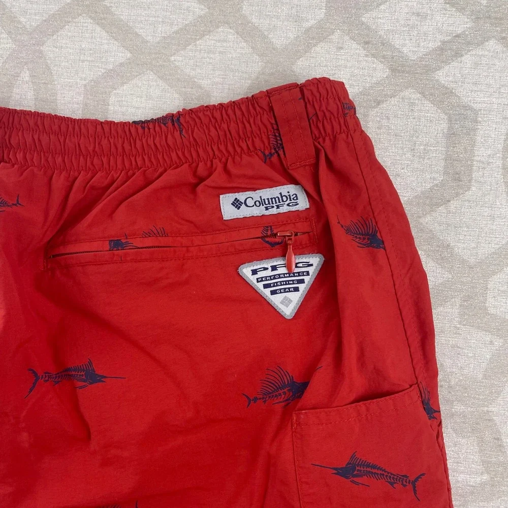 Columbia PFG Mens Red Marlin Skeleton Print Fishing Shorts Size‎ Large 6L Nylon